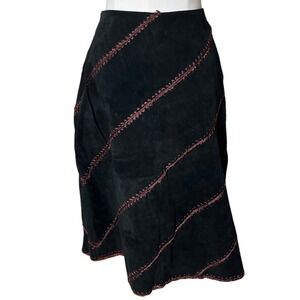 Vintage Karen Kane 100% Leather Suede Skirt Sz 12 Black Embroidered Boho Y2K